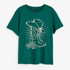 H&M western tee short sleeve tshirt cowboy boots hat green top